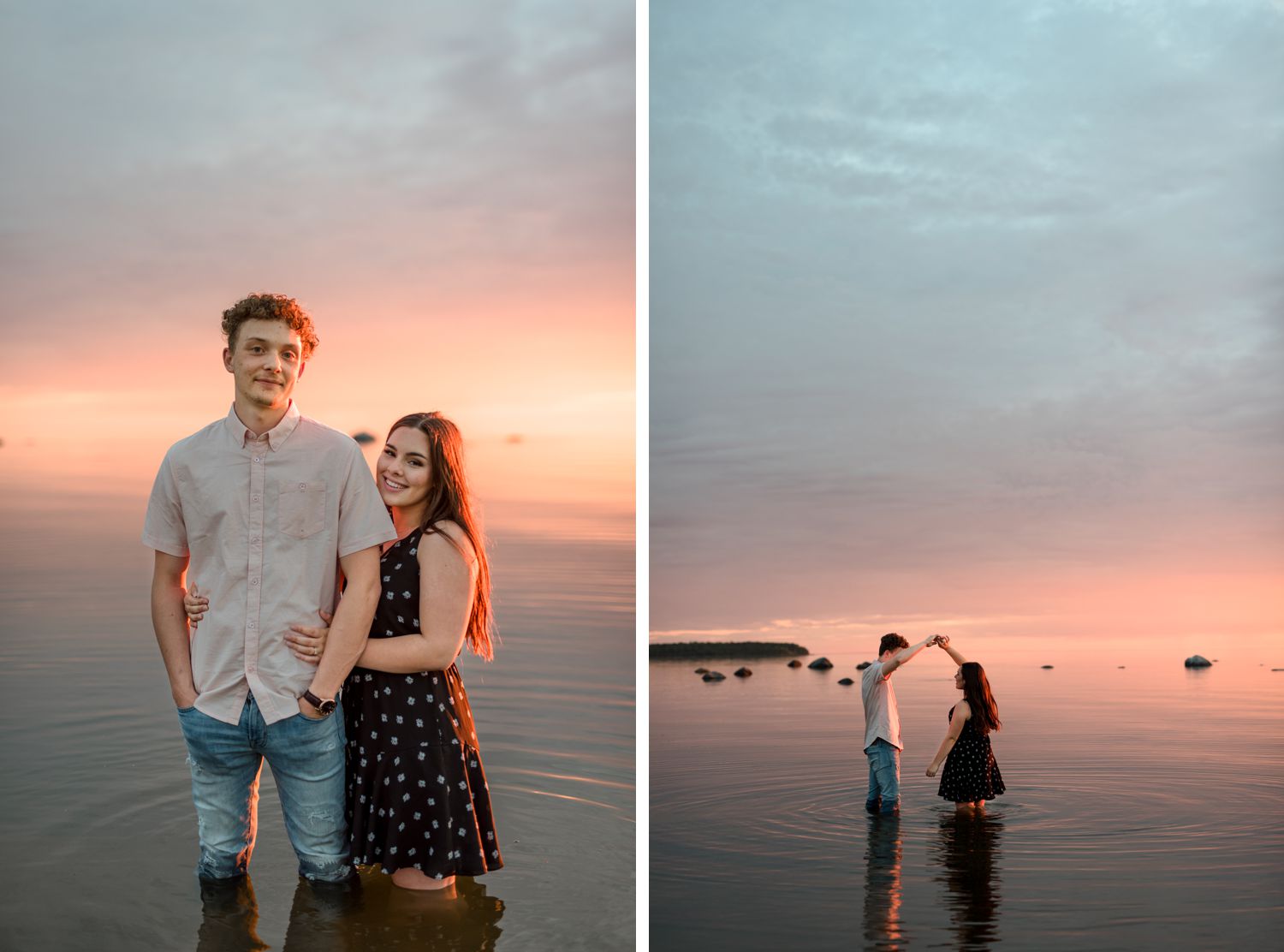 couple wading through the water at their Grand Beach engagement session in Manitoba. Beautiful deep pink sunset, photos taken by Vanessa Renae Photography