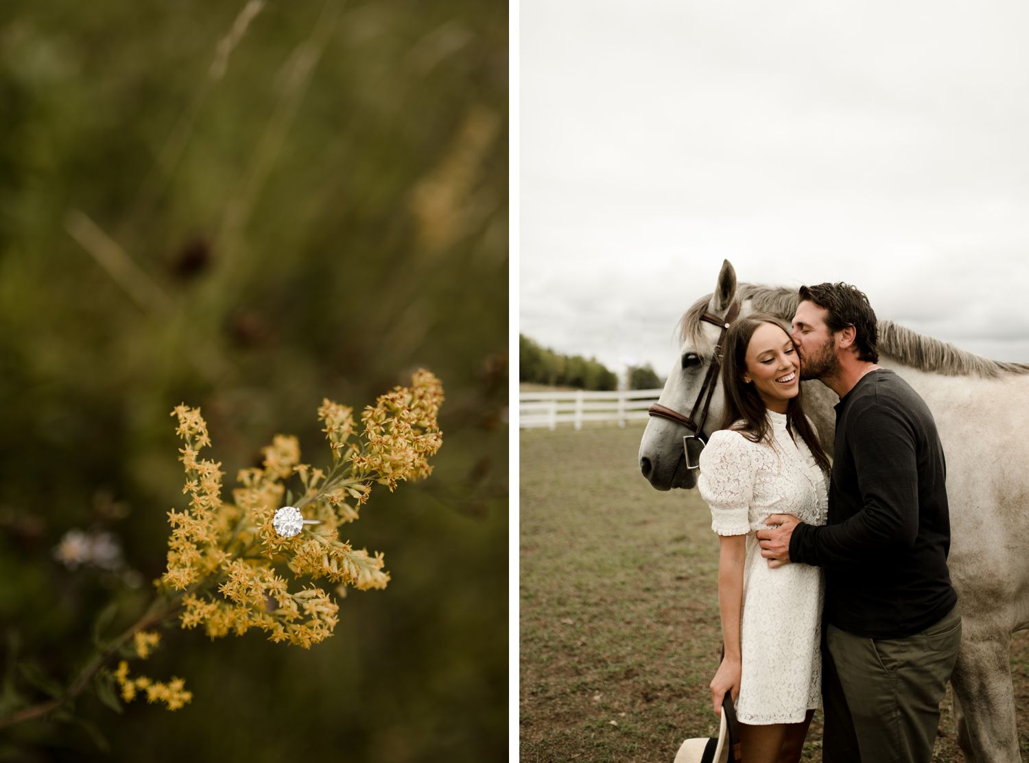 Canadian couple at their Kenora farm engagement session, photographed by Vanessa Renae Photography. Round solitaire engagement ring.
